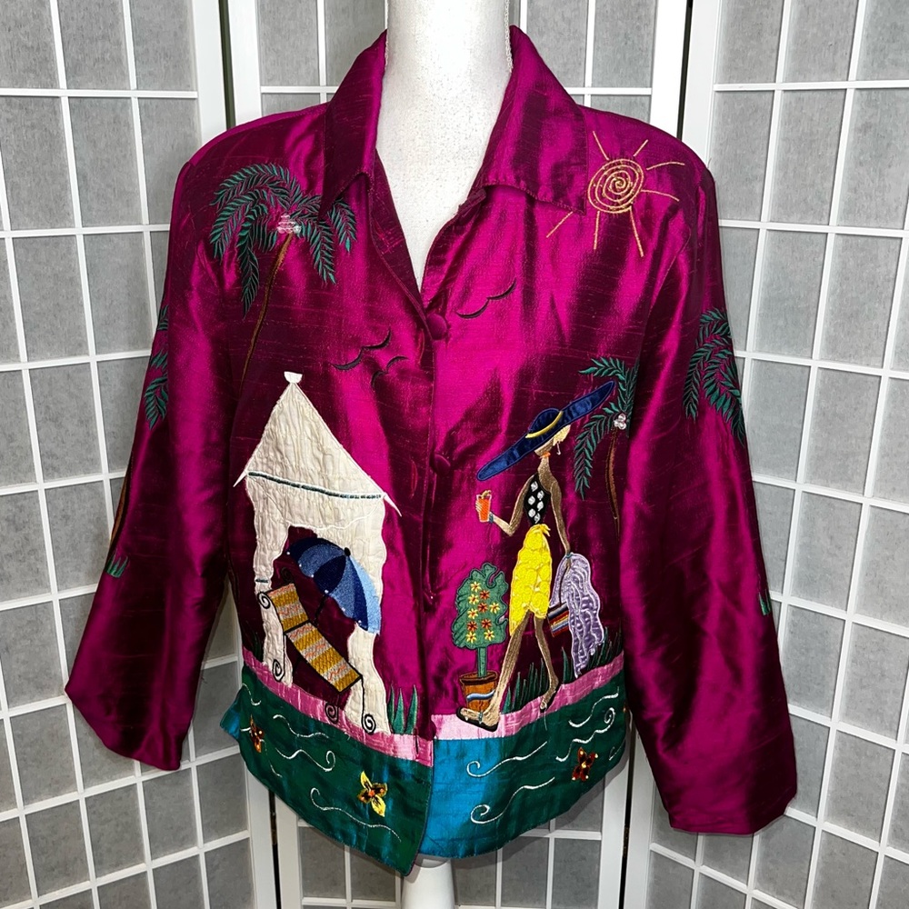 Women’s Magenta Embroidered Silk Blend Blazer Jacket